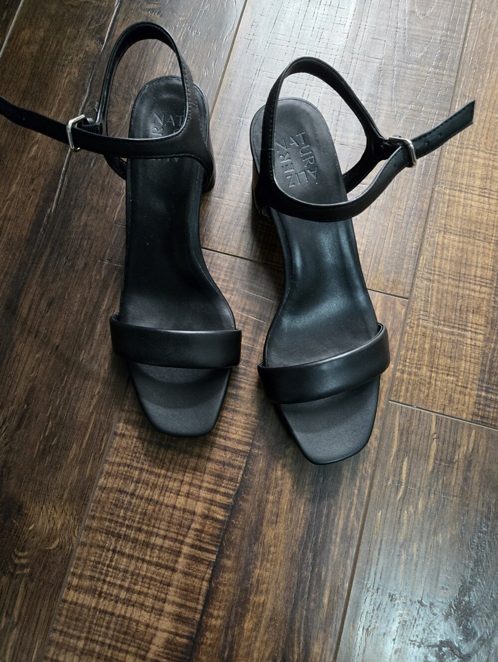 Naturalizer Black Square-Toe Ankle-Strap Block Heels